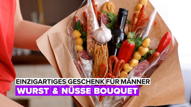 Essbares Bouquet: Würstchen & Nüsse